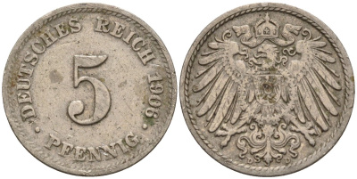 Германия 5 пфеннигов 1906 D KM 11, J. 12 медно-никель 4151-452