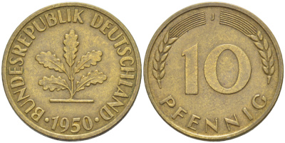 ФРГ 10 ПФЕННИГОВ 1950 J KM 108, J. 383 сталь плакированная латунью 4182-744