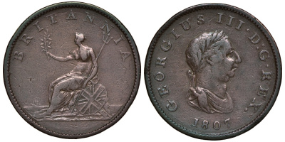 Великобритания 1/2 пенни 1807 Георг III (1760-1820) KM 662, Spink 3781 медь 603-421