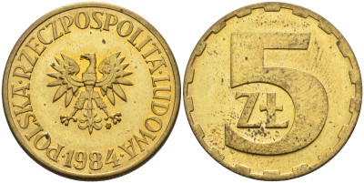 Польша 5 злотых 1984 MW KM 81.1, Parchimowicz 221i латунь aUNC 4551-1014