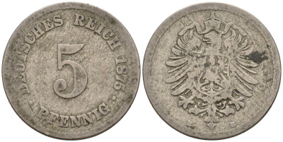 Германия 5 пфеннигов 1875 B, старогербовка KM 3, J. 3 медно-никель 4151-355