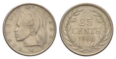 Либерия 25 центов 1966 год-тип KM 16a.1 медно-никель aUNC 4678-147