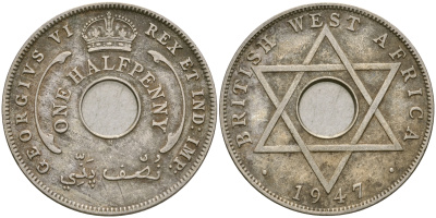 Британская Западная Африка 1/2 пенни 1947 H, Георг VI KM 18 медно-никель 25-1024
