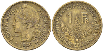Французский Камерун 1 франк 1926 (а), монетный двор Париж KM 2 алюминиевая бронза 60-1214
