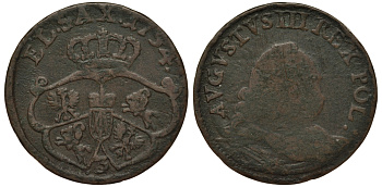 Польша 3 сольди (1 грош) 1754 Август III (1733-1763), вес 3,54 гр. KM 147.2 (С2а) медь 1516-1314