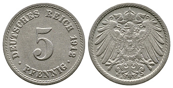 ГЕРМАНИЯ 5 ПФЕННИГОВ 1912 А, KM 11, J. 12 медно-никель 4380-143