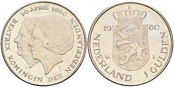 Нидерланды 1 гульден 1980 на коронацию Беатрикс, 30 апреля 1980 KM 200 никель 4593-1234
