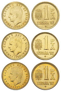 Испания полный набор выпуска из 3 монет (1 песета) 1980 (80-82) чемпионат мира по футболу 1982 года в Испании, Хуан Карлос I (1975-2014) KM 816 алюминиевая бронза UNC 3458-651-653