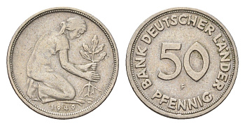 ФРГ 50 пфеннигов 1949 F KM 104, J. 379 медно-никель 4618-1254