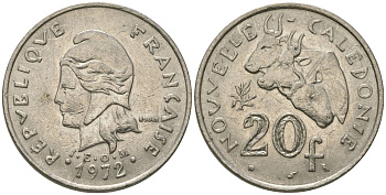 Французская Новая Каледония 20 франков 1972 три быка, (IEOM) KM 12, Schoen 14, Lec 106 никель 71-1212