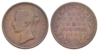 Стрейтс-Сетлментс (Стрейтс Сетлментс) 1 цент 1862 Виктория (1837-1901), год-тип KM 6 медь 4657-637