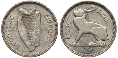 Ирландия 3 пенса 1934 заяц KM 4 никель 441-524