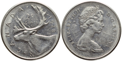 КАНАДА 25 ЦЕНТОВ 1978 ОЛЕНЬ KM 62b никель 4397-111