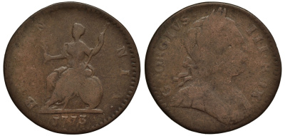 Великобритания 1 фартинг 1773 Георг III (1760-1820) KM 602, Spink 3775 медь 1523-1042
