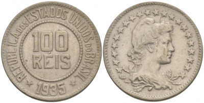 БРАЗИЛИЯ 100 РЕЙС 1935 ГОЛОВА СВОБОДЫ ВПРАВО KM 518 медно-никель 68-724