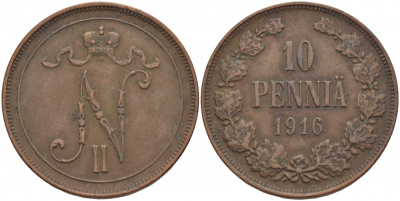 РОССИЯ ДЛЯ ФИНЛЯНДИИ 10 ПЕННИ 1916 Биткин 439 медь 51-1524