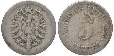 ГЕРМАНИЯ 5 ПФЕННИГОВ 1875 G, СТАРОГЕРБОВКА KM 3, J.3 медно-никель 45-1169