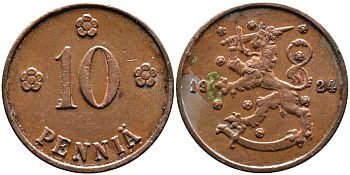 Финляндия 10 пенни 1924 республика (1918-1962) KM 24 медь 4388-912
