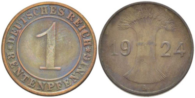 Германия 1 рентенпфенниг 1924 A KM 30, J. 306, Weege 1 бронза 206-826