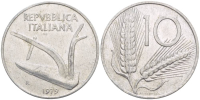 ИТАЛИЯ 10 ЛИР 1979 R, КОЛОСЬЯ, ПЛУГ KM 93 алюминий 4551-226