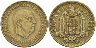 Испания 1 песета 1966 (67) Франсиско Франко (1939 - 1975) KM 796 алюминиевая бронза 4155-343