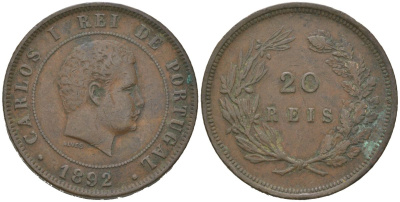 Португалия 20 реалов 1892 Карлуш I (1889-1908) KM 533 бронза 4512-1014