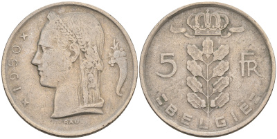 БЕЛЬГИЯ 5 ФРАНКОВ 1950 BELGIE KM 135.1 медно-никель 92-356
