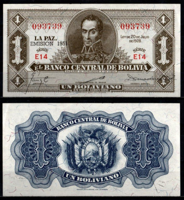 Боливия 1 боливиано 1928 (1951-1952) надпечатка EMISION 1951 Pick 128 b бумага UNC (пресс) 6280-14-2-2