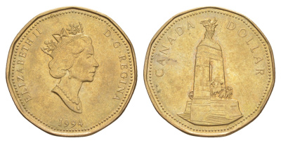 Канада 1 доллар 1994 Национальный военный мемориал KM 248 никель плакированный позолоченной бронзой 4631-811