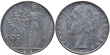 ИТАЛИЯ 100 ЛИР 1976 R, АФИНА KM 96.1 нержавеющая сталь 4394-614