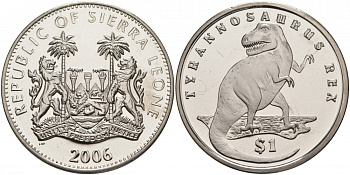 Сьерра-Леоне 1 доллар 2006 серия динозавры, тираннозавр Рекс KM 309 медно-никель UNC M9-20
