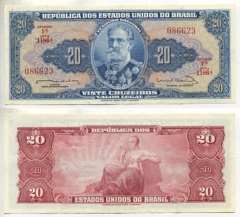 БРАЗИЛИЯ 20 КРУЗЕЙРО 1963 ПОДПИСЬ 12 Pick 168b бумага 7552-8-3