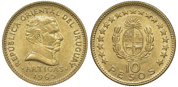 Уругвай 10 песо 1965 KM 48 алюминиевая бронза 4574-1014