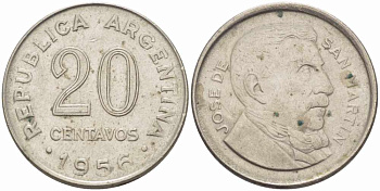 Аргентина 20 сентаво 1956 генерал Хосе де Сан Мартин KM 52 сталь плакированная никелем 108-1155