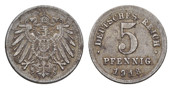 Германия 5 пфеннигов 1918 J KM 19, J. 297 железо плакированное цинком 4644-1118