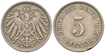 Германия 5 пфеннигов 1914 A, KM 11, J. 12 медно-никель 220-736
