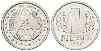 ГДР 1 пфенниг 1989 A KM 8.2 алюминий UNC 201-667
