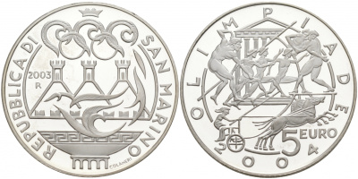Сан-Марино 5 евро 2003 R,  Летние Олимпийские игры 2004 в Афинах KM 453 серебро PROOF 02-014-45