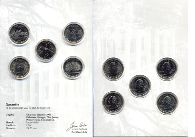 США набор из 5 квотеров 1999 штаты США: Нью-Джерси, Делавер, Джорджия, Коннектикут, Пенсильвания, буклет, капсулы, сертификат KM 295, 293, 296, 297, 294 медно-никель UNC 7-6-1-28