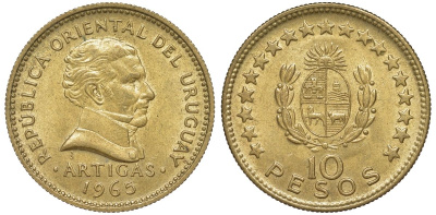 Уругвай 10 песо 1965 KM 48 алюминиевая бронза 4574-1014