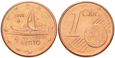 ГРЕЦИЯ 1 ЕВРОЦЕНТ 2002 KM 181 сталь плакированная медью UNC 214-334