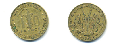 ЗАПАДНАЯ АФРИКА 10 ФРАНКОВ 1971 KM 1а алюминий никель бронза 86-1641
