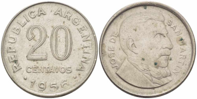 Аргентина 20 сентаво 1956 генерал Хосе де Сан Мартин KM 52 сталь плакированная никелем 108-1155