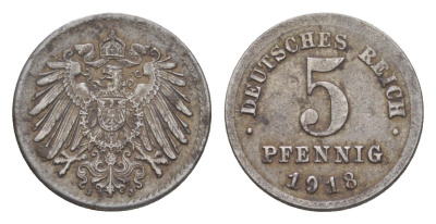 Германия 5 пфеннигов 1918 J KM 19, J. 297 железо плакированное цинком 4644-1118