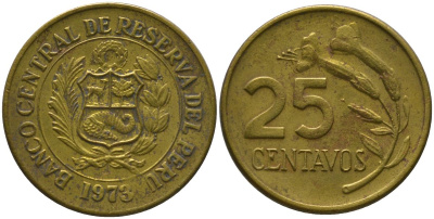 Перу 25 сентаво 1973 KM 259 латунь 4532-654