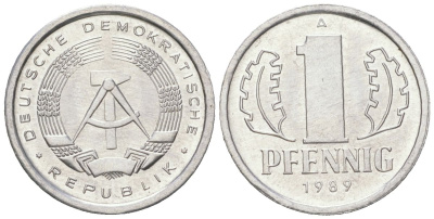 ГДР 1 пфенниг 1989 A KM 8.2 алюминий UNC 201-667
