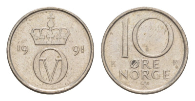 Норвегия 10 эре 1991 Улаф V (1957-1991) KM 416 медно-никель 4632-1216