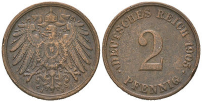 Германия 2 пфеннига 1905 J, Вильгельм II (1888-1918) KM 16, J. 11 медь 4615-722