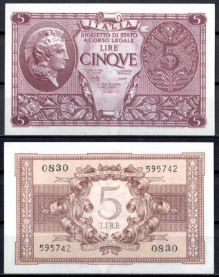 Италия 5 лир 1944 Pick 31 c бумага UNC (пресс) 8621-13-2-1