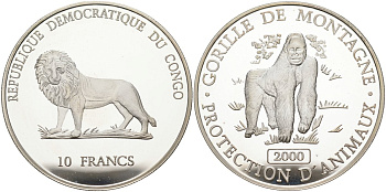 Конго 10 франков 2000 горные гориллы KM 161 серебро PROOF 01-181-24